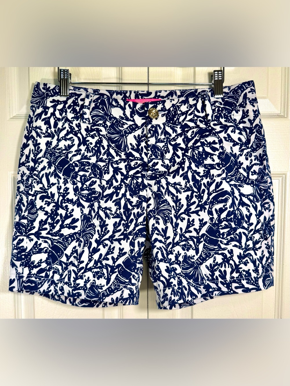 Lilly Pulitzer Jayne Stretch Shorts Oyster Bay Blue “Killin It” Lobster Print 6